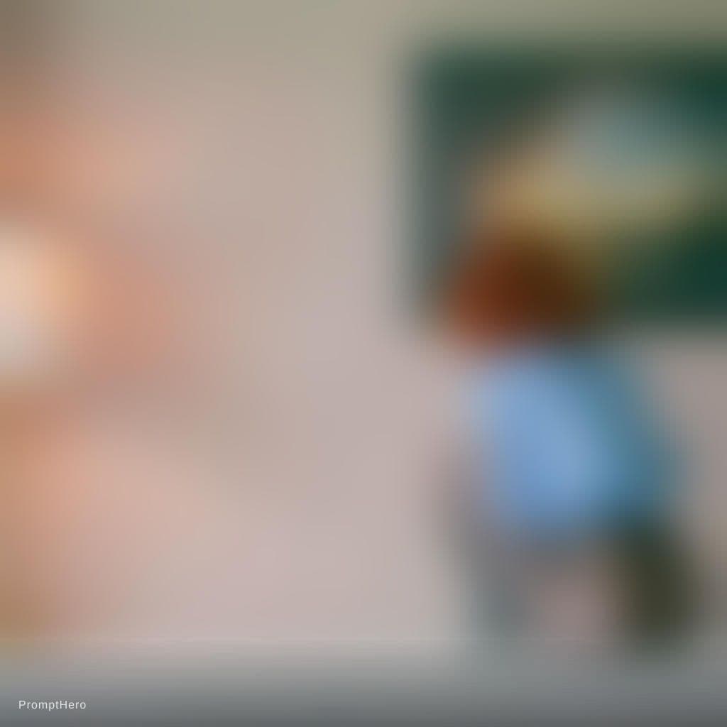 AI generated: a woman with a blue shirt is looking at a pciture on the wall and has her back to the camera, girl b...