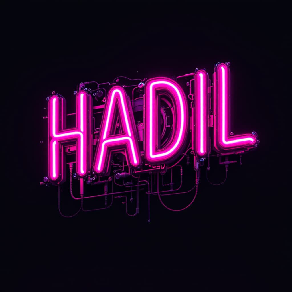 AI generated: text 'HADIL' sculpted from intertwined neon tubes in a bright magenta color, front view, set against...