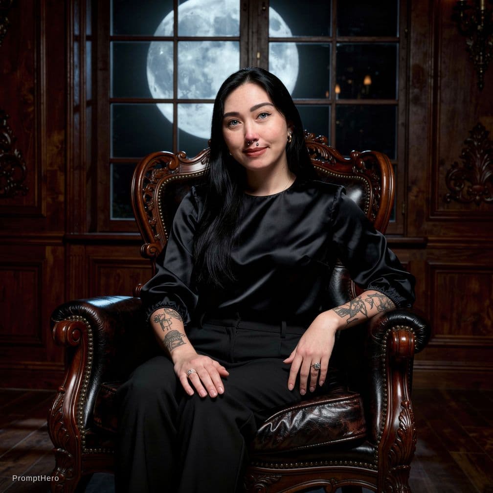 AI generated: In the dimly lit room, a thin woman with black hair and blue eyes and white skeen is seated on an or...