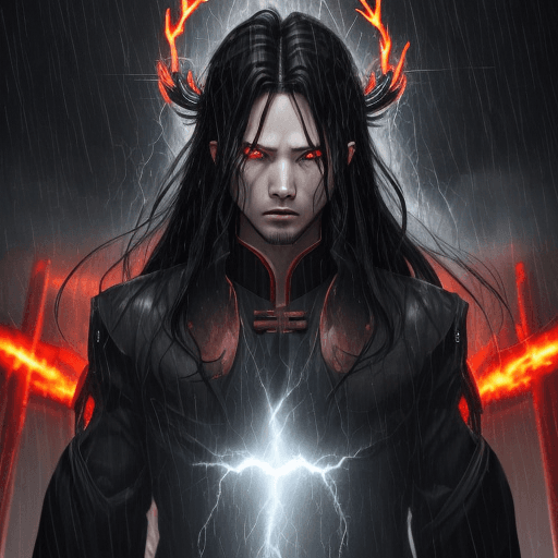 AI generated: anime::2, young god, Boss, in a rainstorm, thunders in background, scary, 4k, insane, red eyes, flam...