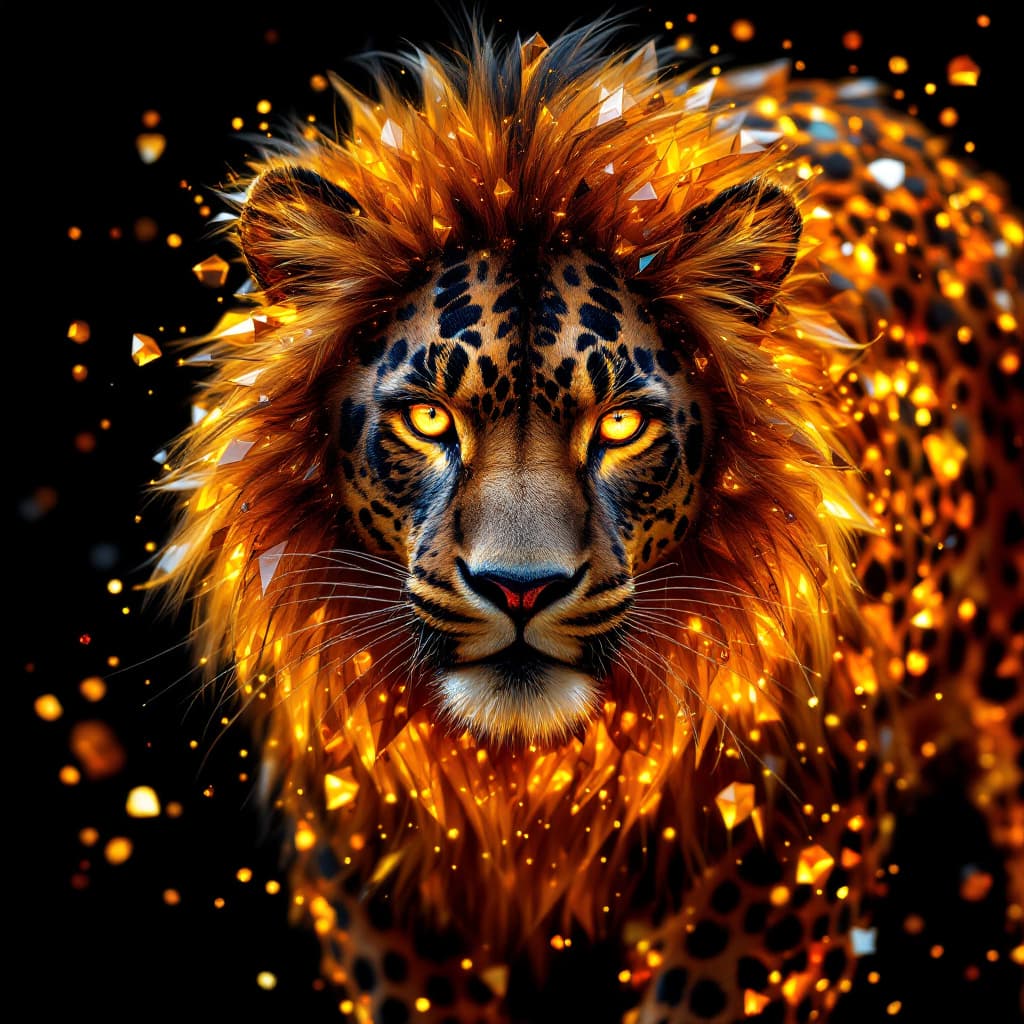 AI generated: A realistic photo of a The lion with the fiery mane, made entirely of crystals and diamonds. Its fur...