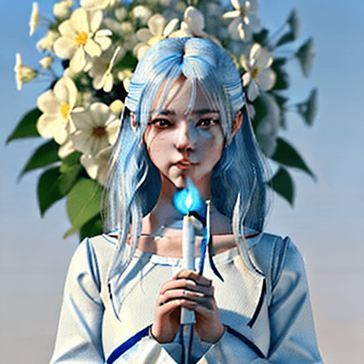 AI generated: A young lady holding a candle in an environment of white flowers, in the style of artgerm, charming ...