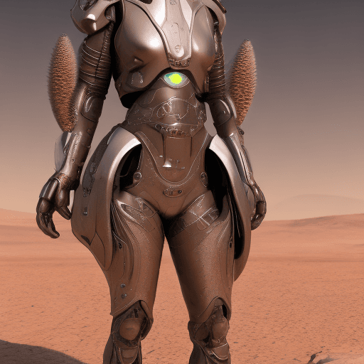 AI generated: female in futuristic armor in a desert on Mars-like planet, in the style of dark silver and dark bro...