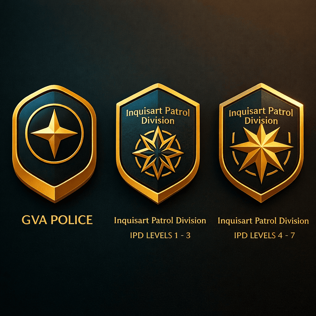 AI generated: 

Relable badges as GVA Police on the first badge and Inquisart Patrol Division (IPD) on the other t...