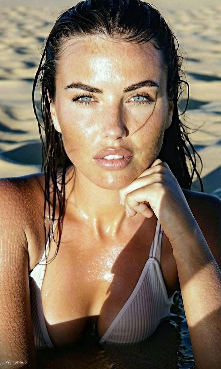 AI generated: A cinematic, photorealistic portrait of a woman relaxing on a sun-drenched tropical beach at golden ...