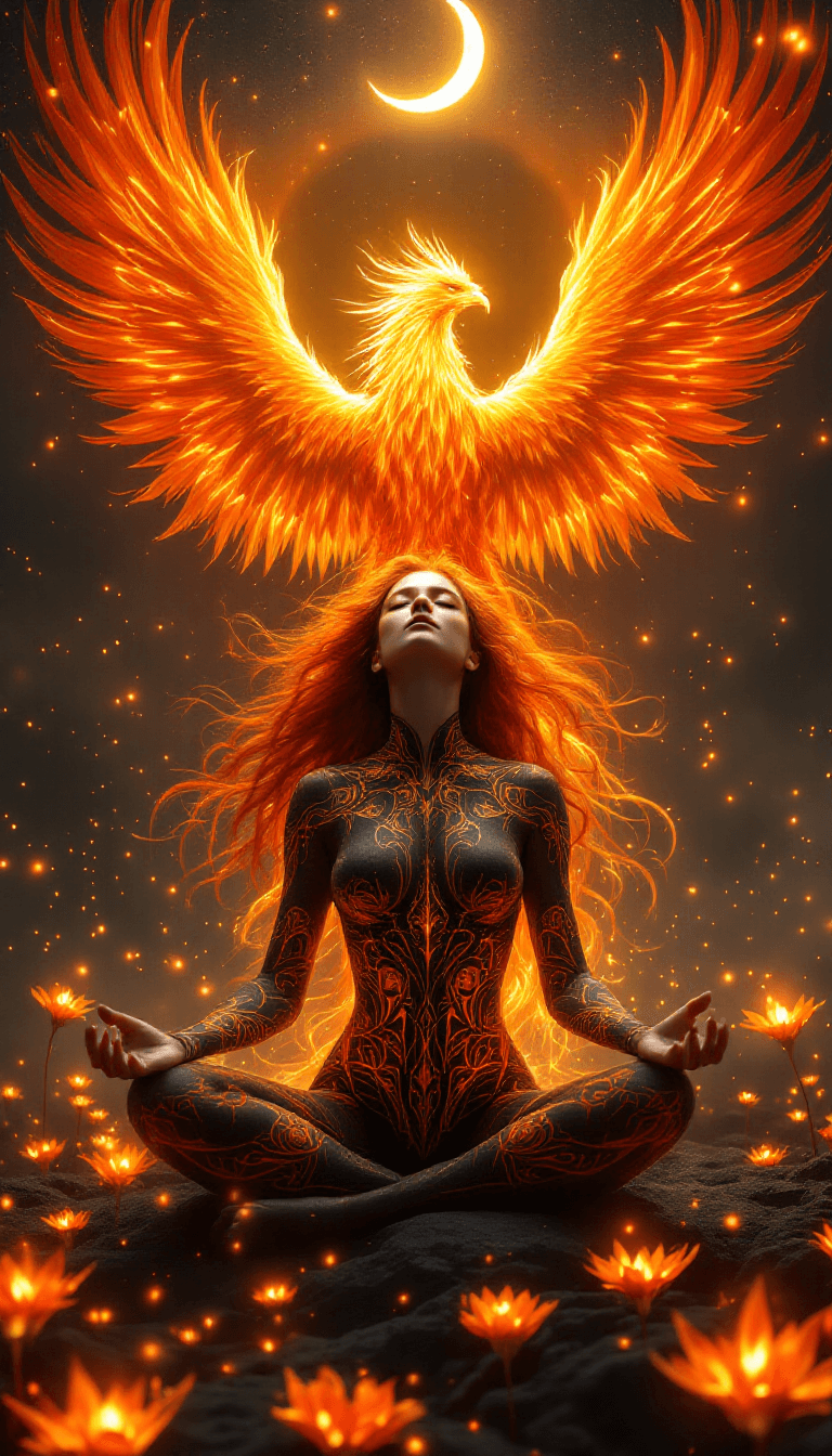 AI generated: A powerful, ethereal woman with flowing fiery-red hair sits in a meditative pose, her eyes closed in...