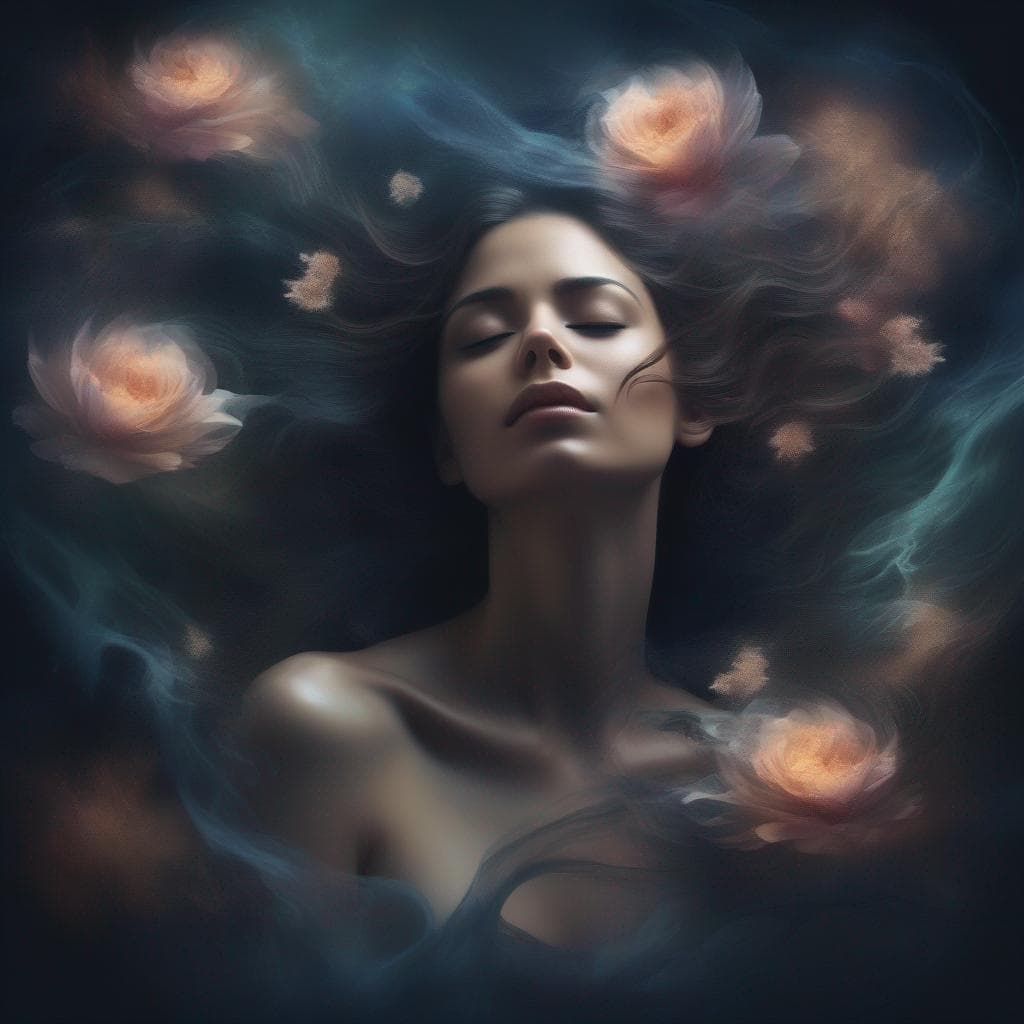 AI generated: A portrait of a woman floating in a dark void, eyes closed painterly style, masterpiece dark colors ...