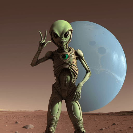 AI generated: Alien on mars shows the peace sign 