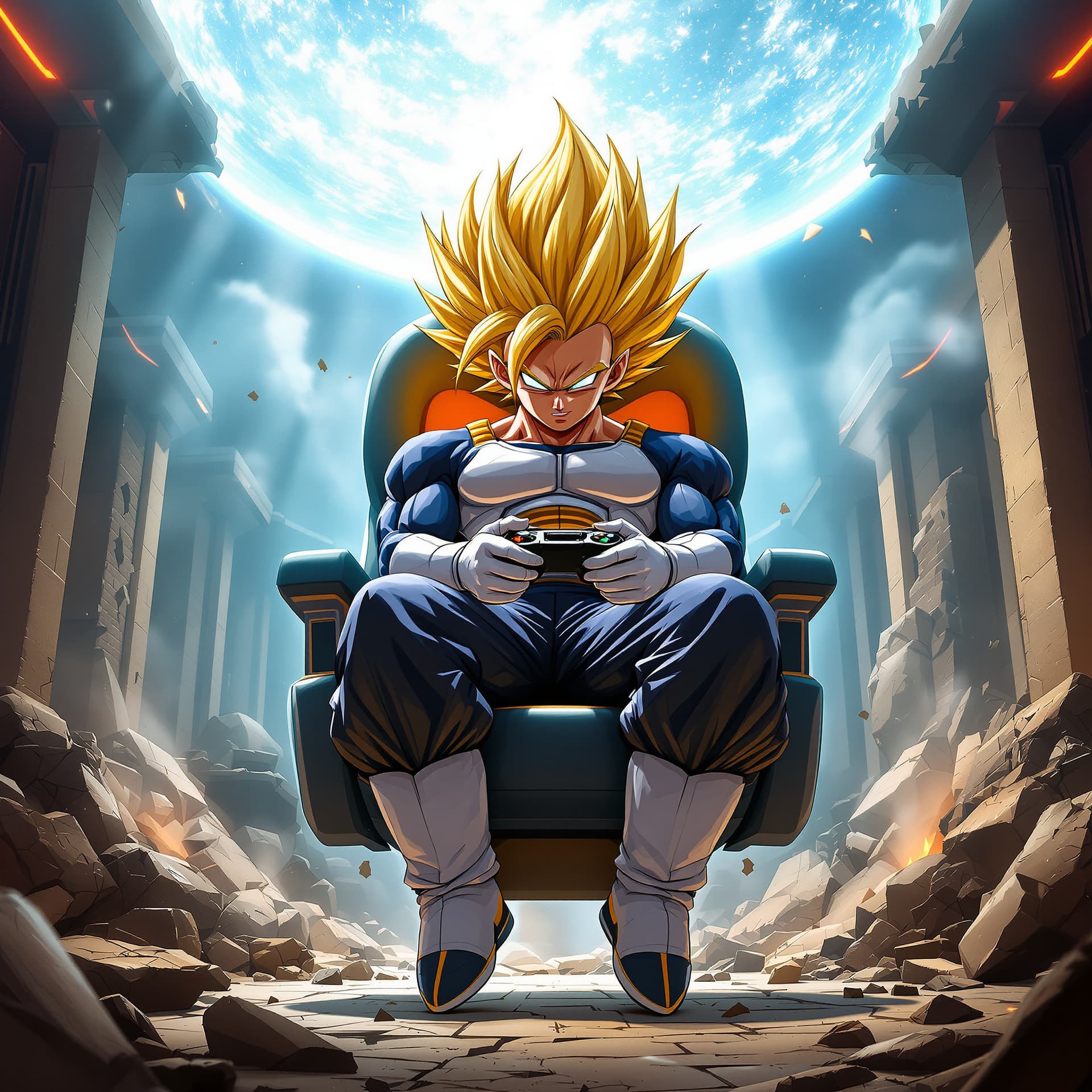 AI generated: full figure front view of super saiyan vegeta with the saiyan level 4 hair is fully powered up in a ...