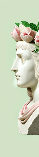 AI generated: Plaster head of Dafna, pink peonies on the head, Doric order, mint background --ar 4:5