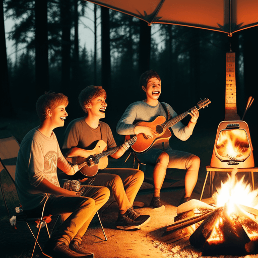 AI generated: 4 friends with happy faces sitting around the campfire. One with the guitar, second with the cup of ...
