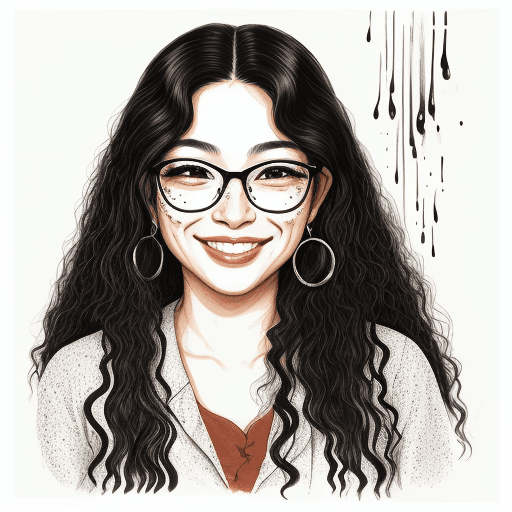 AI generated: portrait of a hispanic woman smiling, long hair, curly and wavy, freckles, wearing glasses, chinese ...