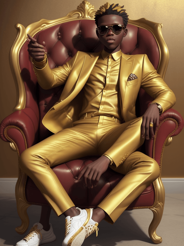 AI generated: a realistic picture where a African boy in a golden shirt suit casually on a wingback chair wearing ...