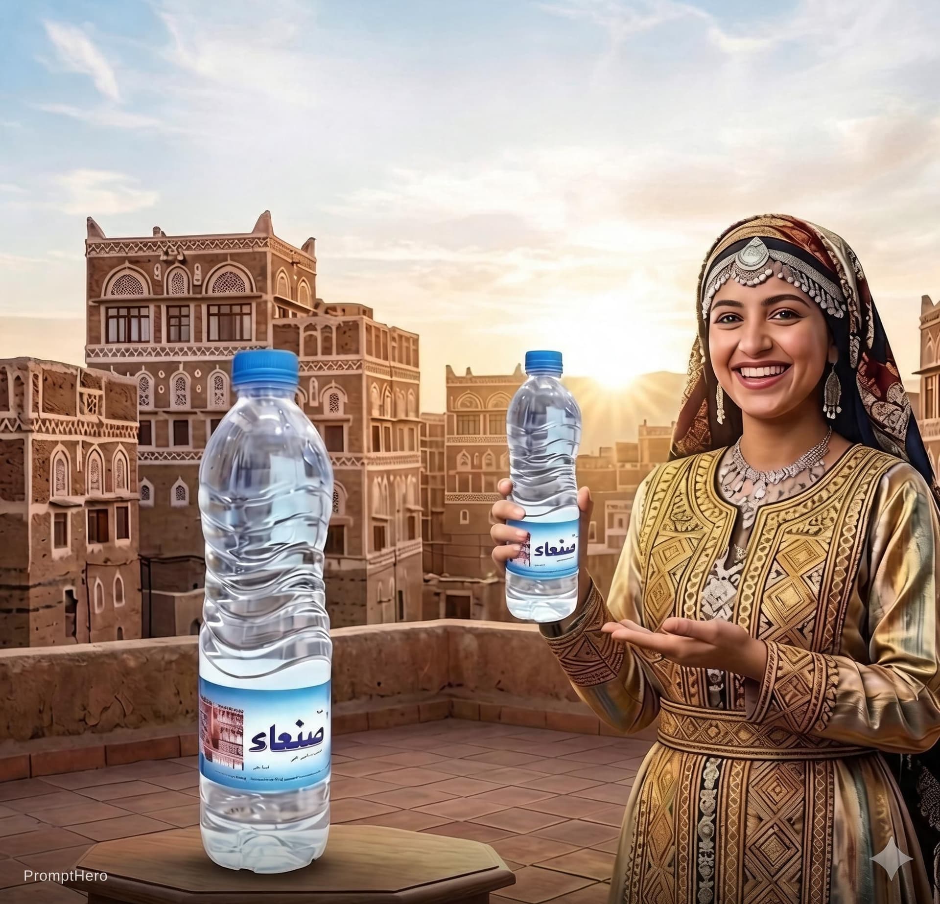Hero prompt:  صورة بشخصية شابه يمنية بالزي اليمني تحمل عليه ماء...