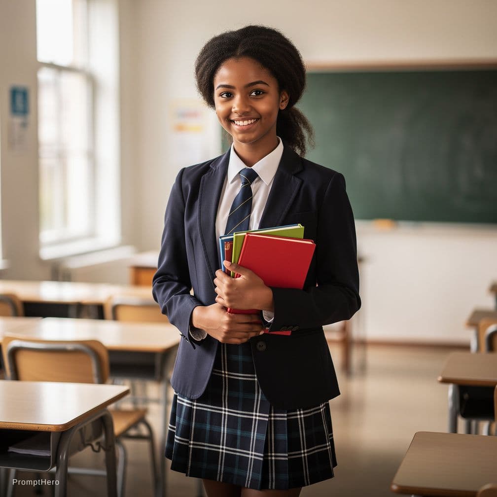 AI generated: A beautiful black girl, wearing a high school uniform. 