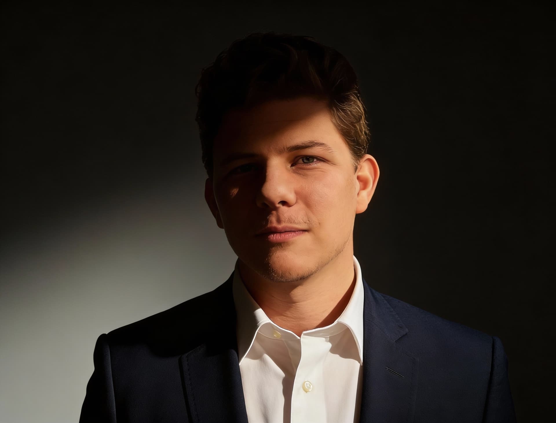 AI generated: cinematic low-key portrait, dramatic side lighting,
dark studio background with subtle gradient fall...