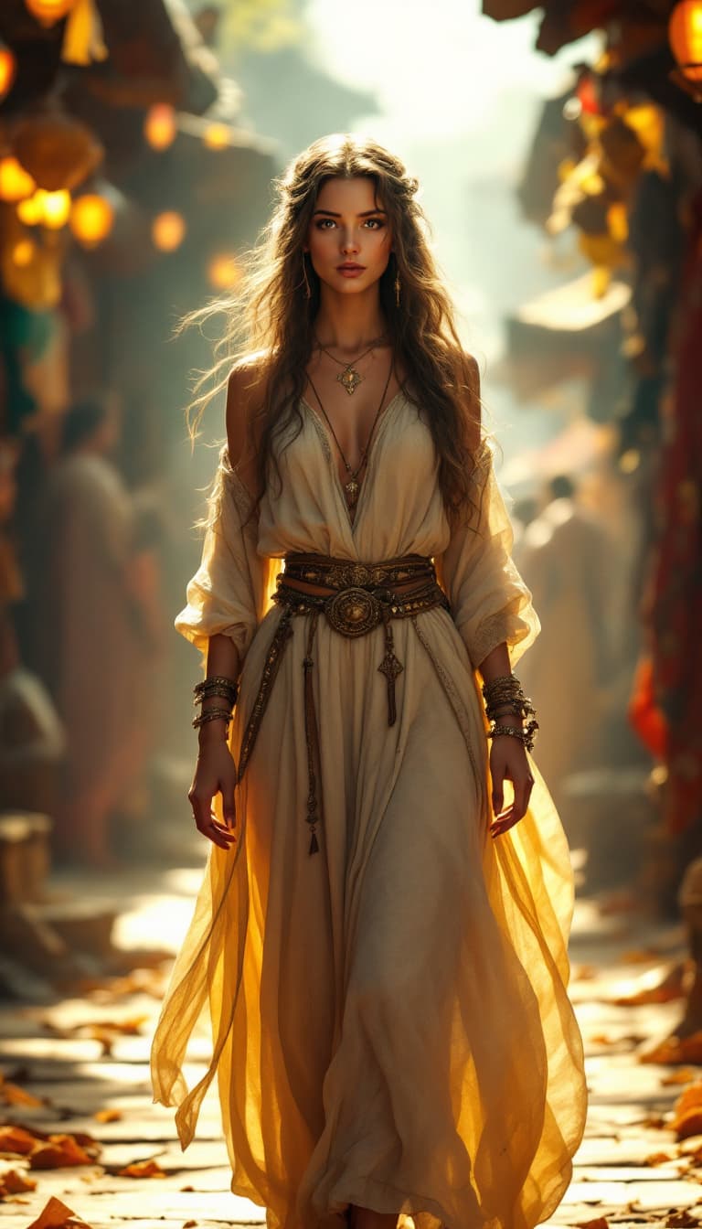 AI generated: Full body view of A mysterious beautiful girl standing in a crowded medieval marketplace, detailed a...
