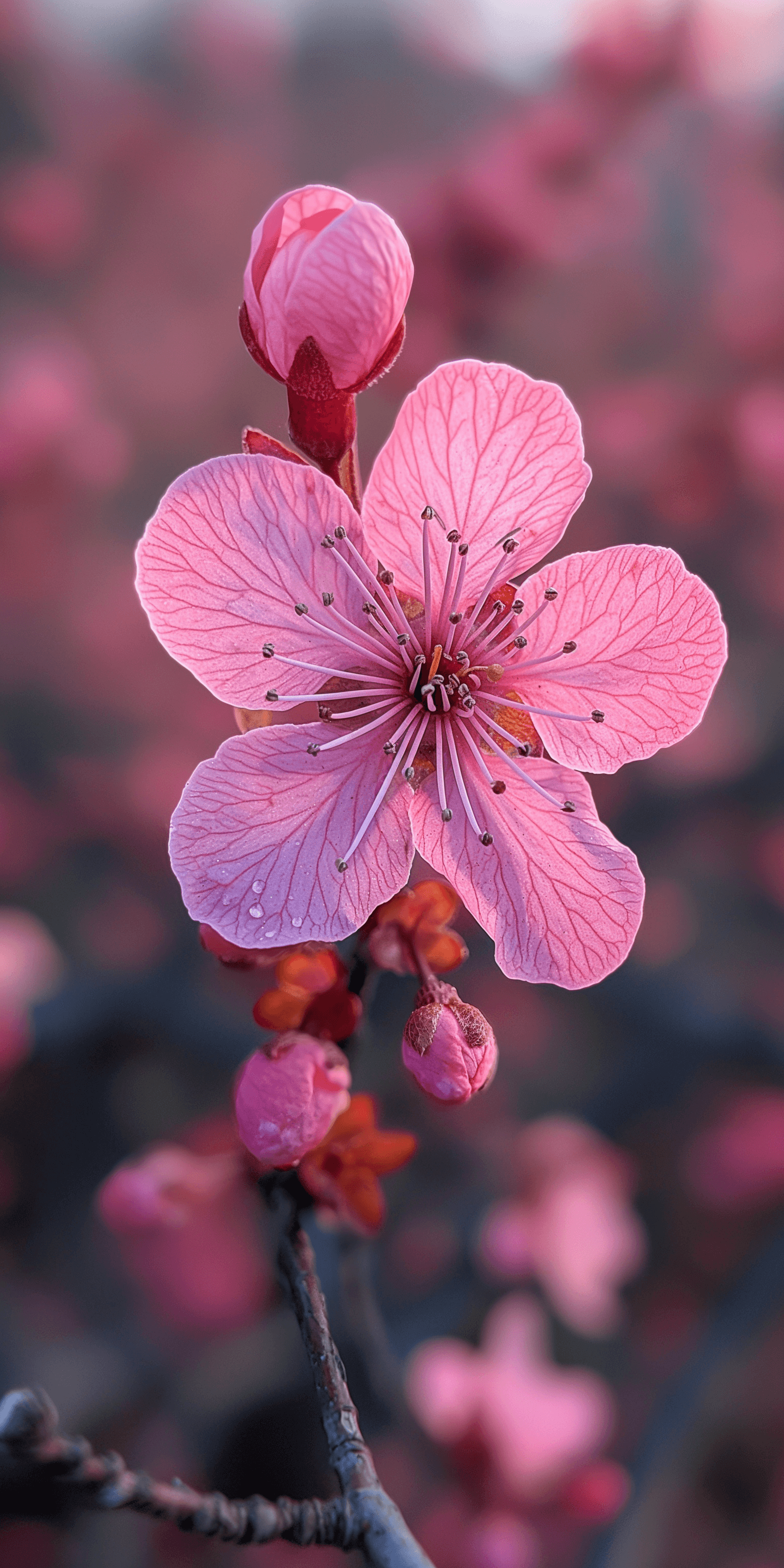 AI generated: An intense closeup photograph of a cherry blossom bloom, taken with an iPhone 15 Max using portrait ...