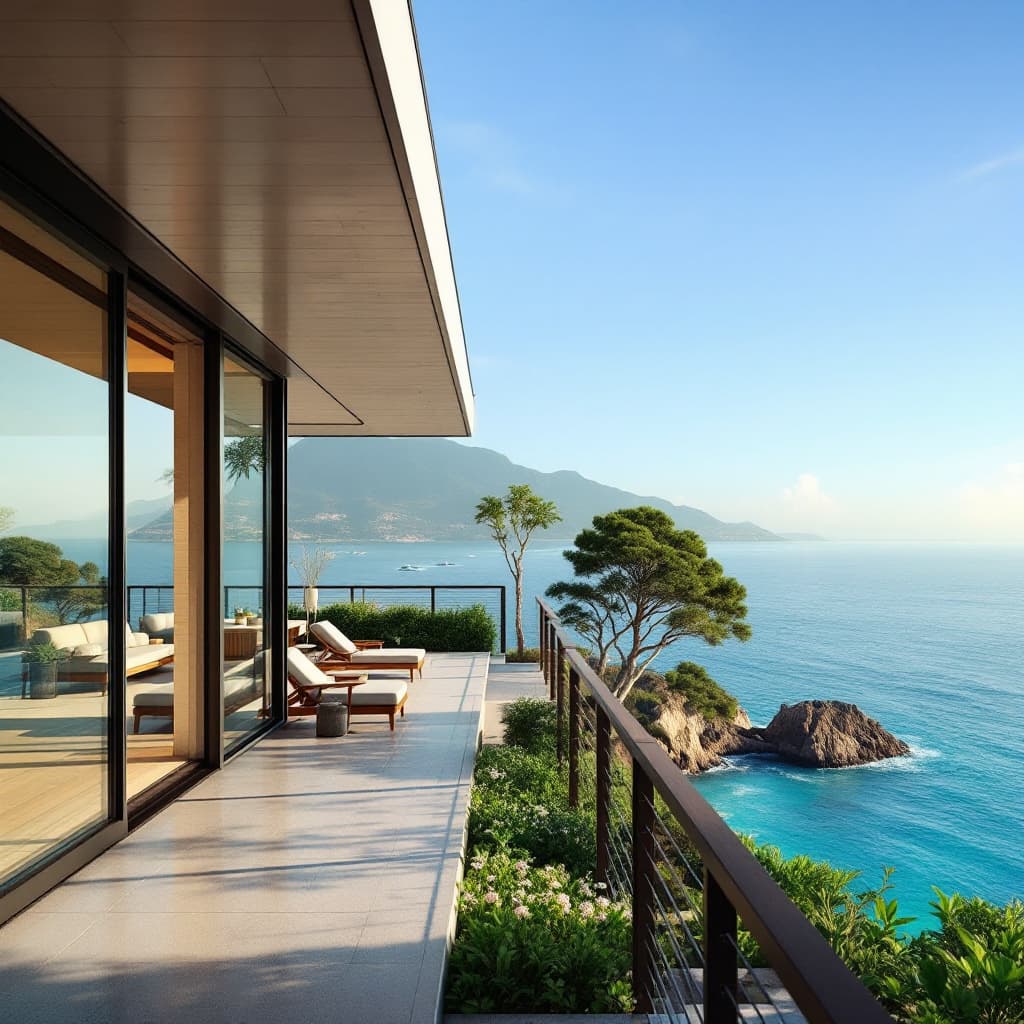 AI generated: Hyper realistic eye level exterior photo of a mid century modern style house overlooking the ocean, ...
