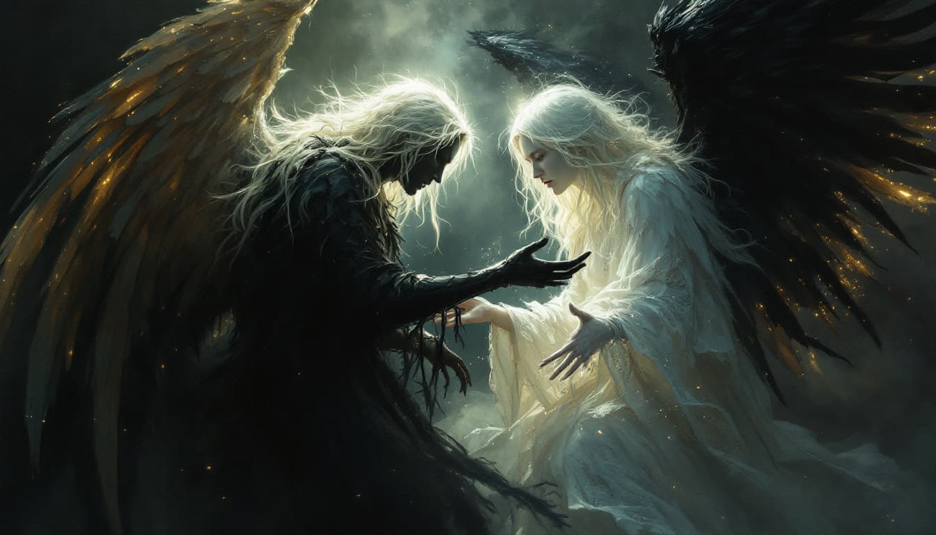 AI generated: Two celestial beings, one illuminated in radiant light and the other shrouded in darkness, share a p...