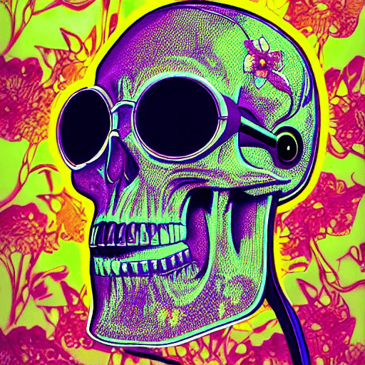 AI generated: a crystal skull with flowers | with cyberglasses neon, and earphone,dj sound,side profile of cyberpu...