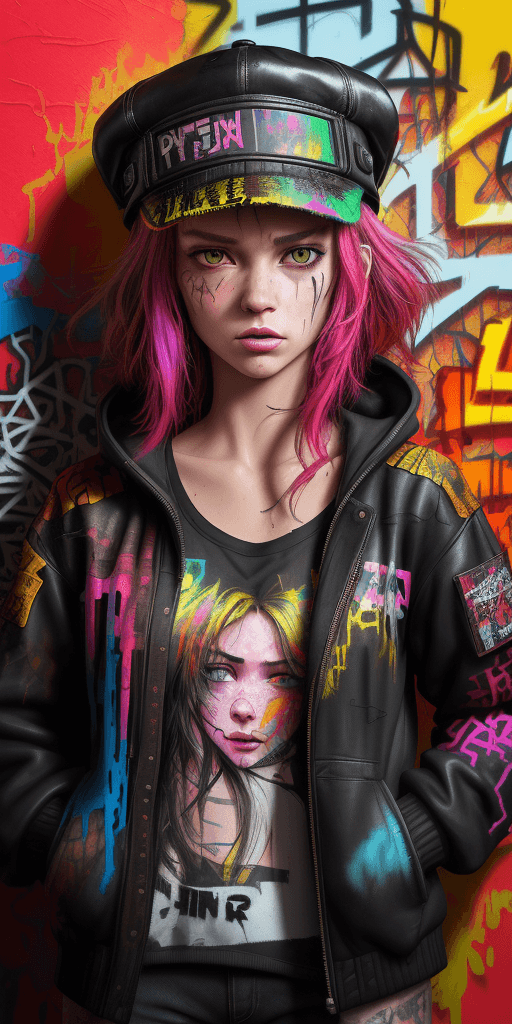 AI generated: close up, full color painting wall,standing cyberpunk 15 yo girl,(looking at viewer:1.5),Porkpie hat...