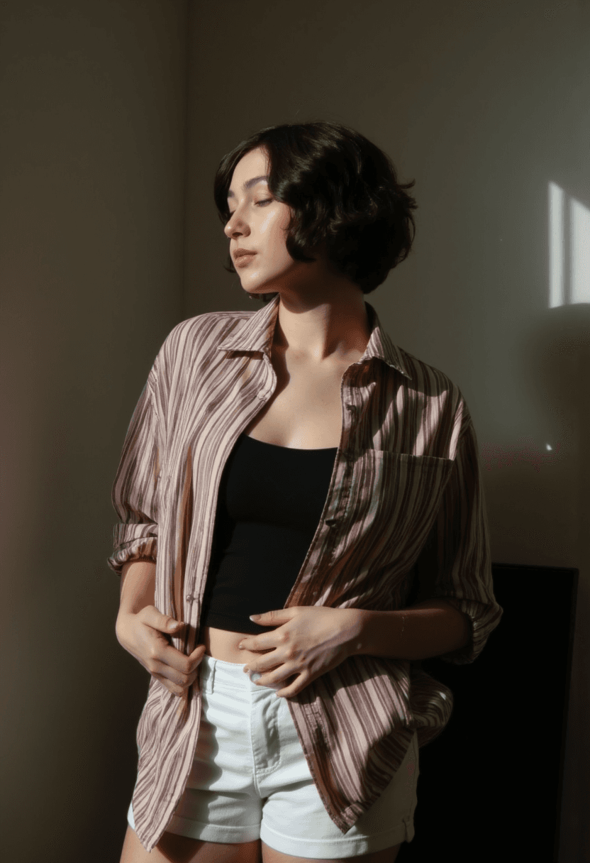 AI generated: A woman stands against a plain wall in a dimly lit room, her confident demeanor radiating through ev...