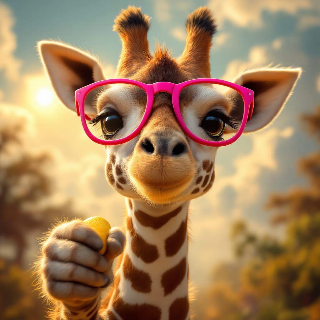 AI generated: close up of 8k resolution photography of A smiley baby giraffe with pink glasses and a lemon juice i...