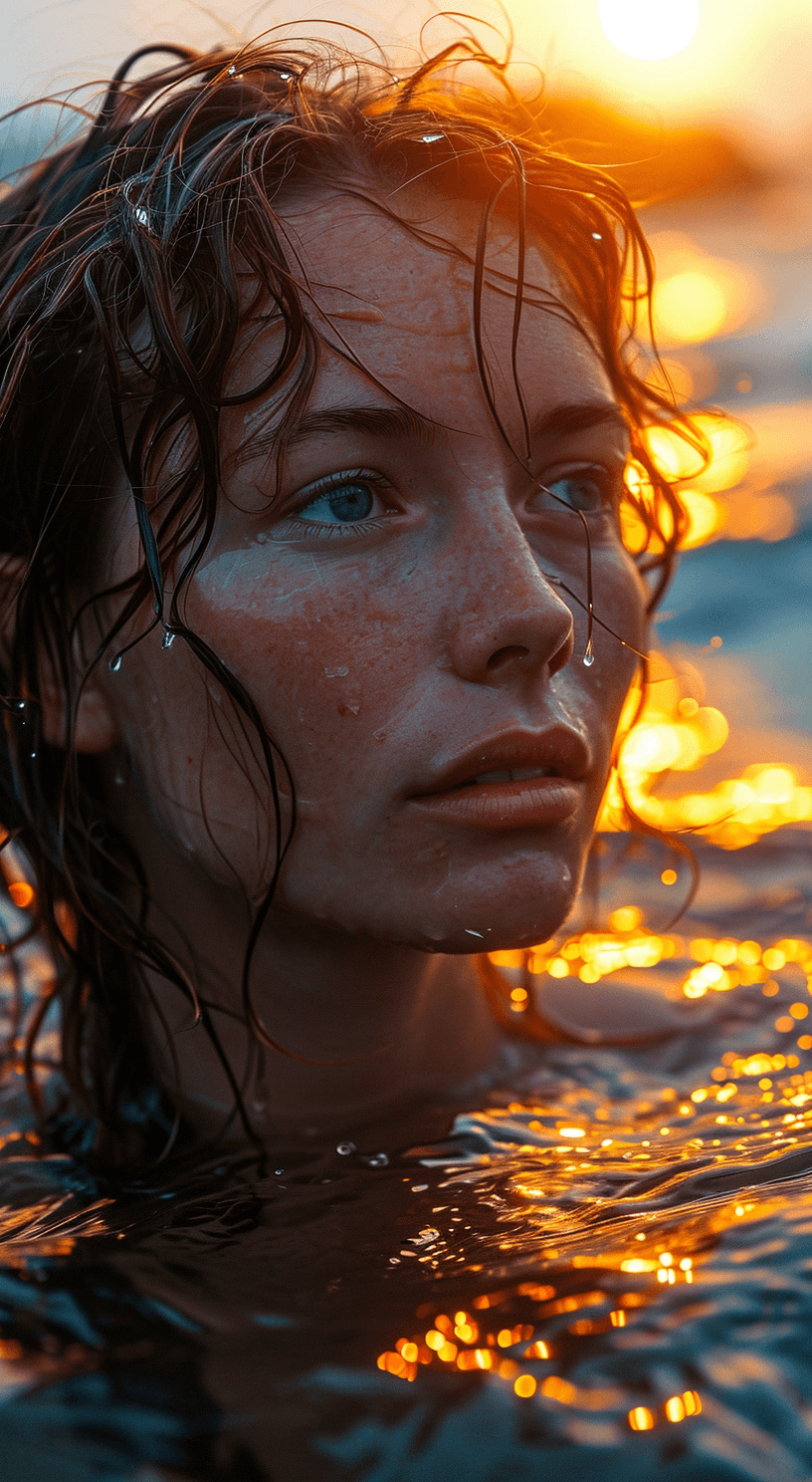 AI generated: girl in the ocean on sunset, in the style of hyper-realistic portraits, gongbi, crimson and amber, b...