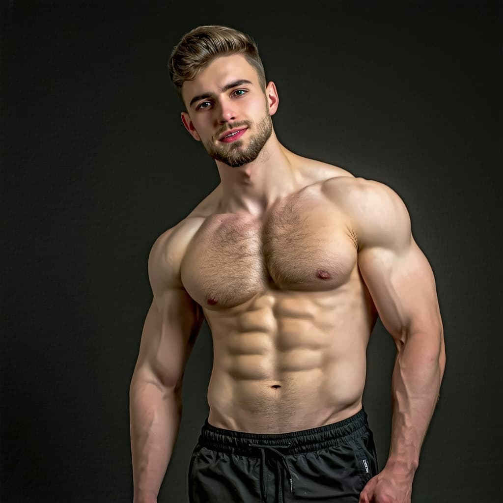 AI generated: NSFW vibrant, professional studio, full body, photograph, young, attractive, handsome, friendly, cas...