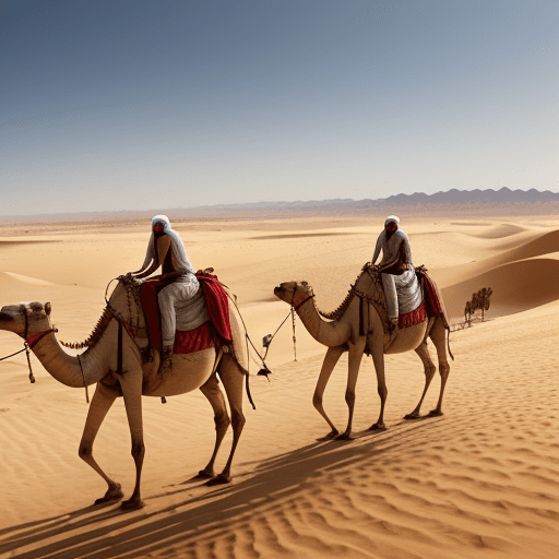 AI generated: Lovers riding camels in the desert