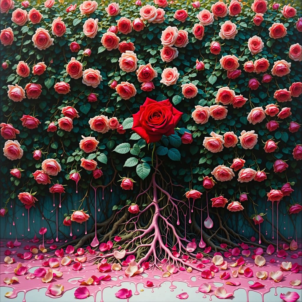 AI generated: A red rose shines in front of an immense rose bush that creates a surreal wall of more various color...