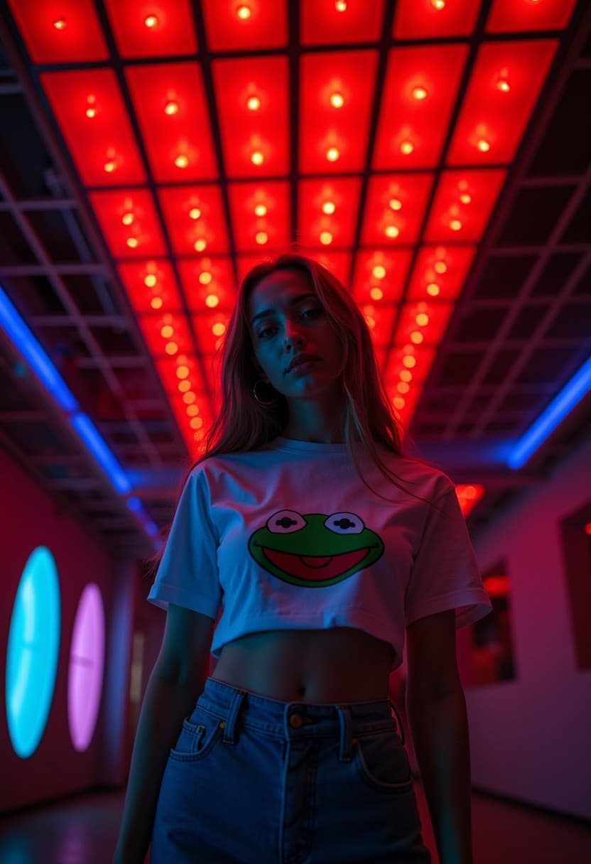 AI generated: cinematic, moody image, featuring attractive woman, Frog cropped tshirt, in front of Watergate, ceil...