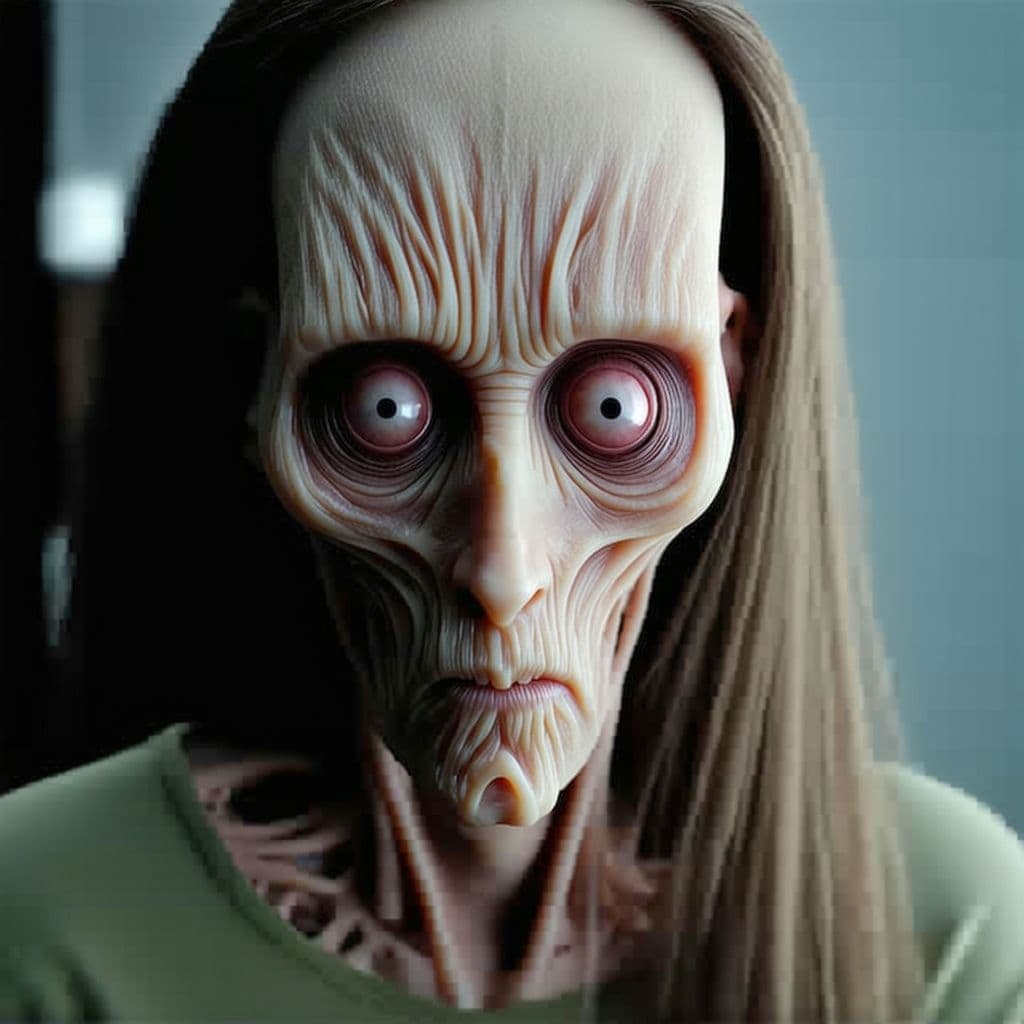 AI generated: unsettling barely-human thing looks directly into camera, hyper realistic
