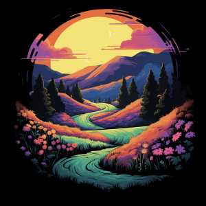 AI generated: A serene landscape painting, depicting rolling hills, blooming flowers, vector, tshirt illustration,...