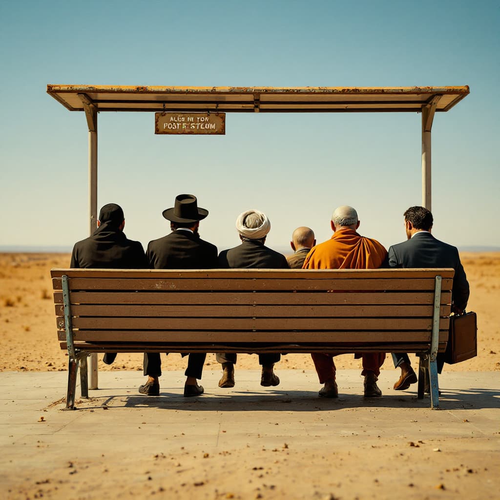 AI generated: Wide cinematic shot, taken from behind, in a vast, sun-scorched desert. A dilapidated, rusted bus st...