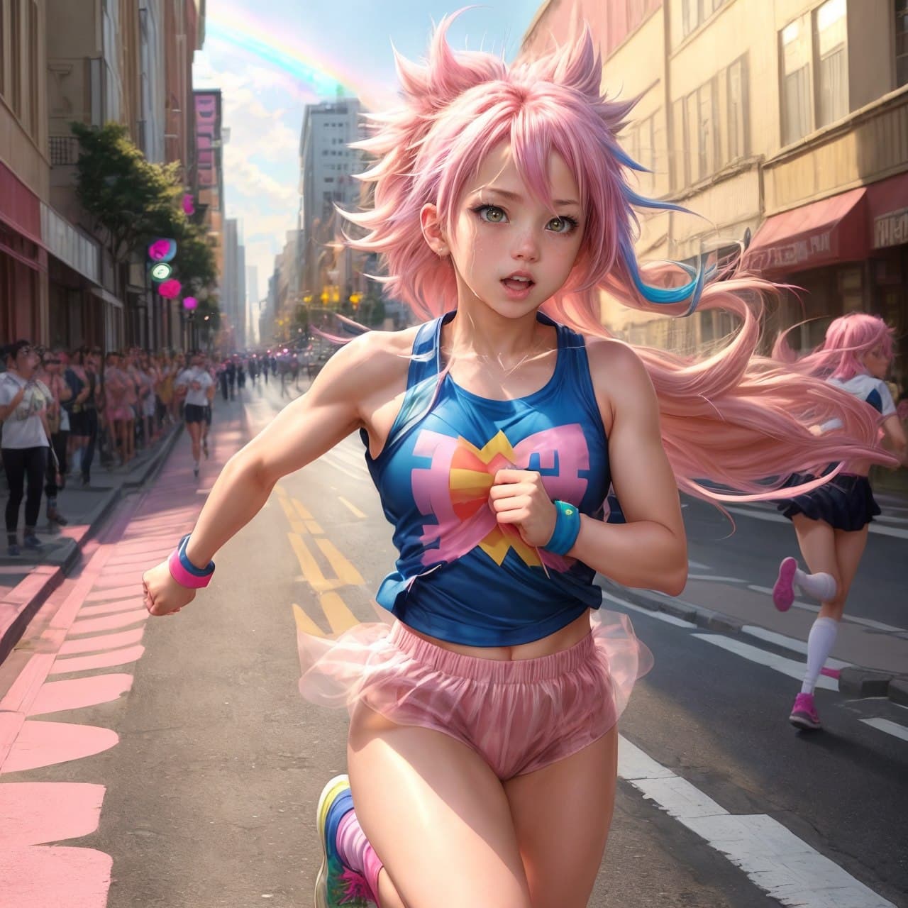 AI generated: Cute Hero girl with pink hair, gold star decorations on outfit, in the style of my hero academia, sh...