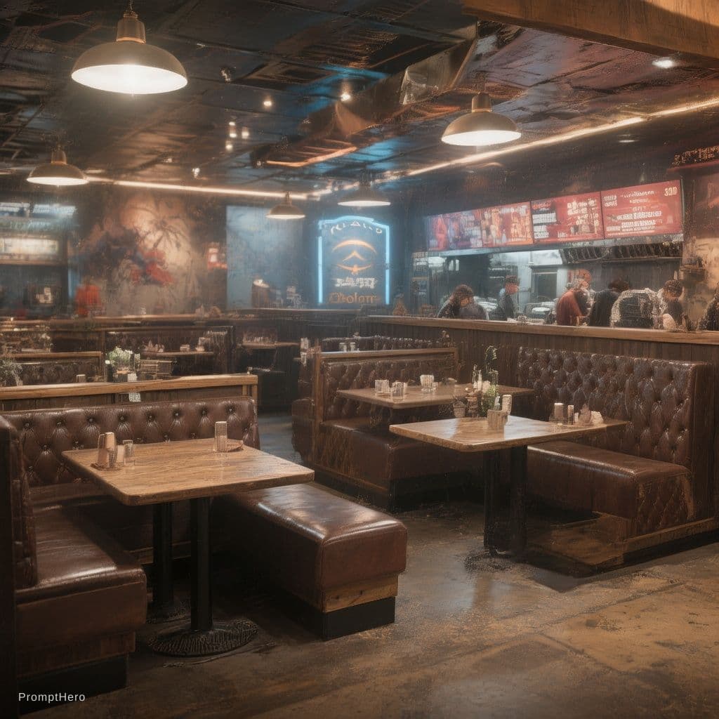 AI generated: halo 1 theme restaurant with 50 booths