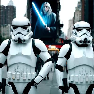 AI generated video: Two Stormtroopers in white armor stand on a New York street, annoyed but determined. They stop, aim ...