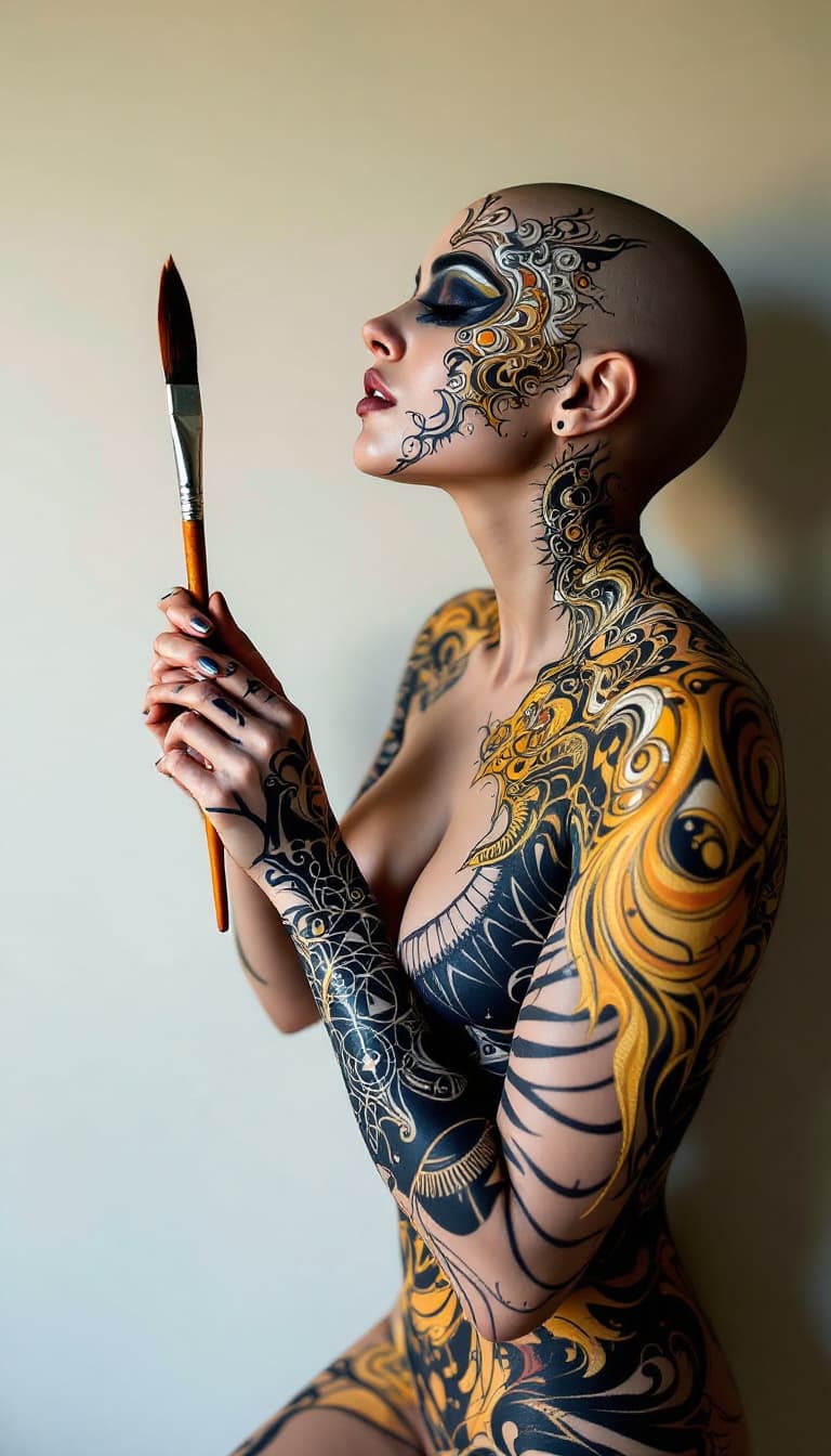 AI generated: Body Painting Art, Living Canvas, Intricate Designs, Performative, Woman Holding a Brush Painting, E...