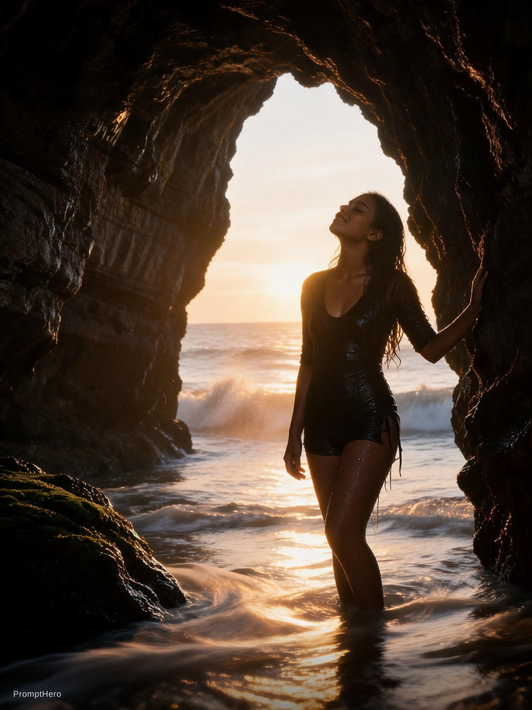 AI generated: A photorealistic, cinematic wide-angle shot from within a dark, rugged sea cave, looking out through...