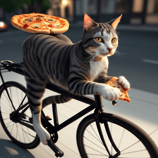 AI generated: A cat riding a bicycle with a pizza in hand,Realistic, 4k,hyperdetailed,octane render