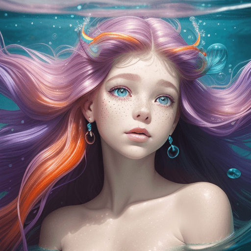 AI generated: Frontal portrait of a whimsical and colorful woman resembling a mermaid or siren. Fair complexion, y...