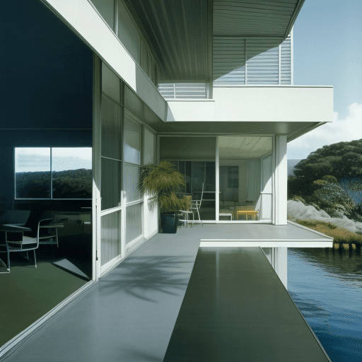 AI generated: Hyper realistic eye level exterior photo of a mid century modern style house overlooking the ocean, ...