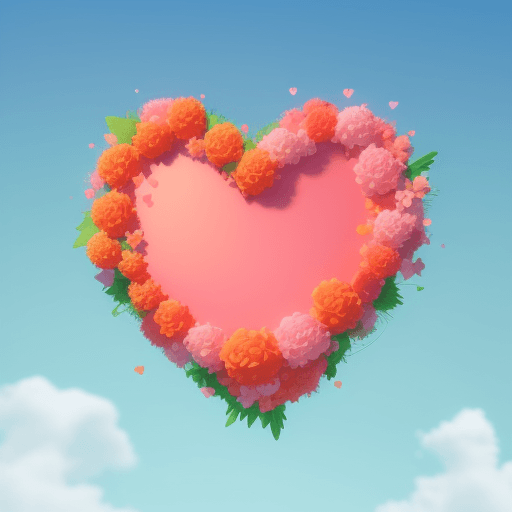 AI generated: 3 orange, pink, green fluffy hearts  Sky blue background. Floating hearts and flowers in background ...