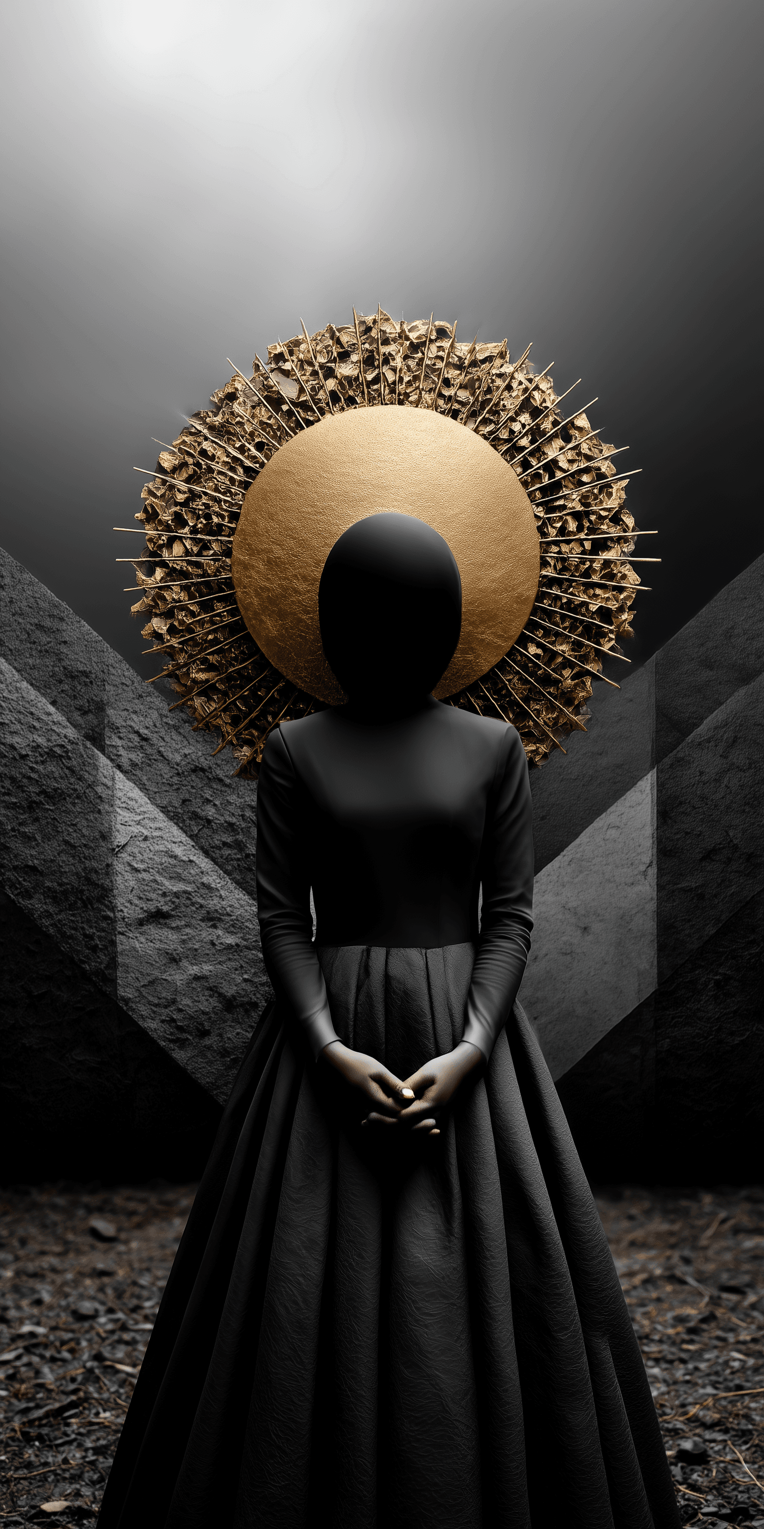 AI generated: A Black woman with no face wearing an oversized hat made of sticks, standing in front of gray rocks,...