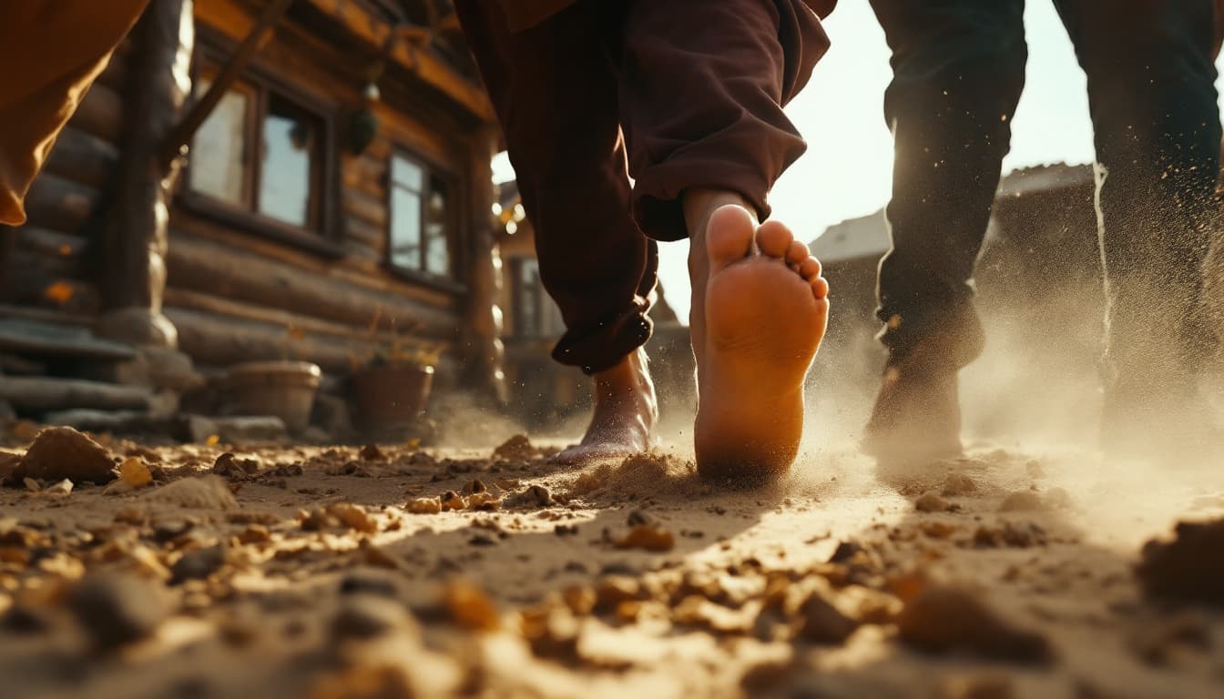 AI generated: Prompt: Close-up of feet in Gilani dance stomping near a wooden house, dust rising, reflecting old n...