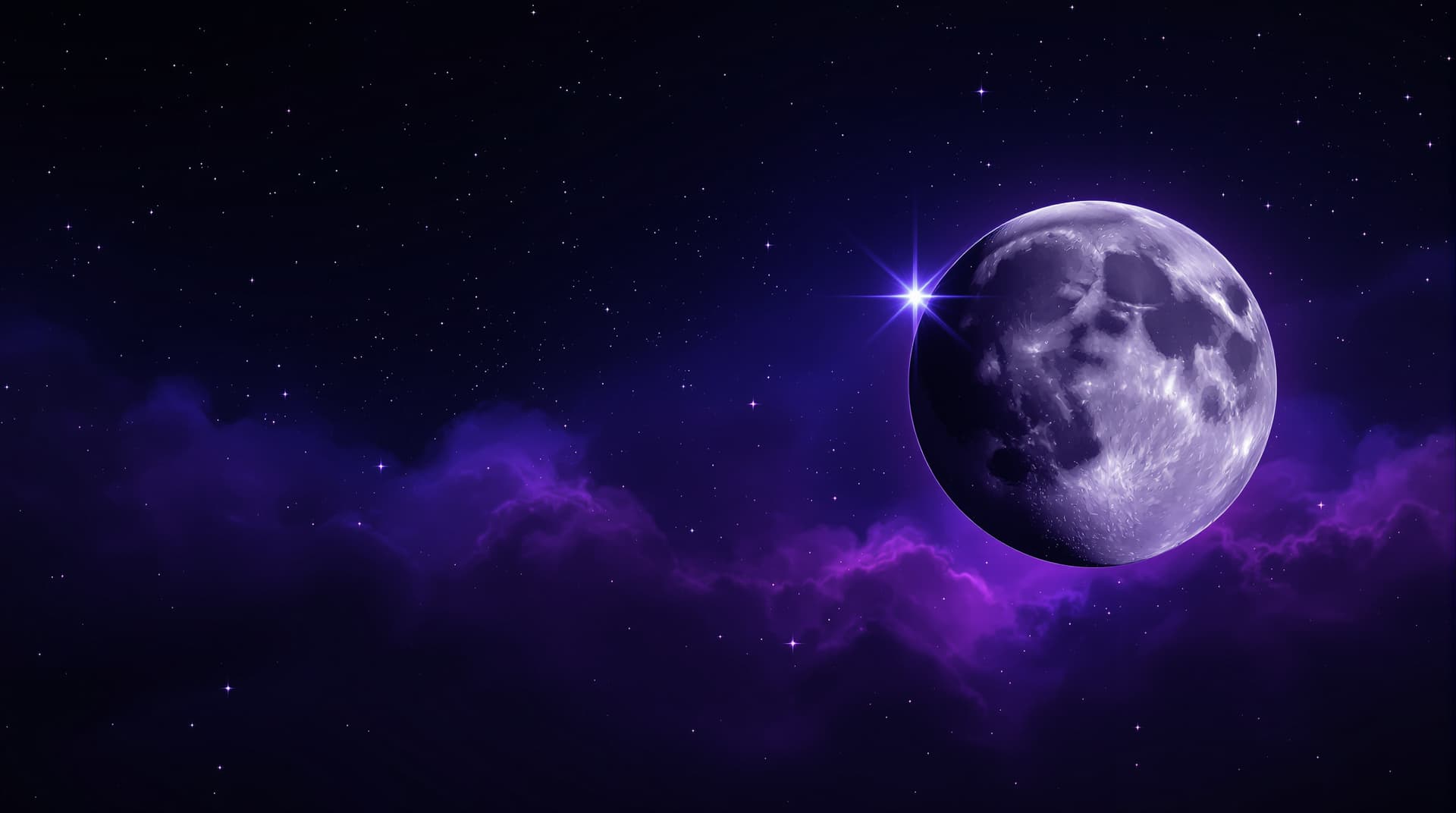 AI generated: YouTube thumbnail, 16:9, graphic design. Dark space/galaxy background in violet–indigo with soft neb...
