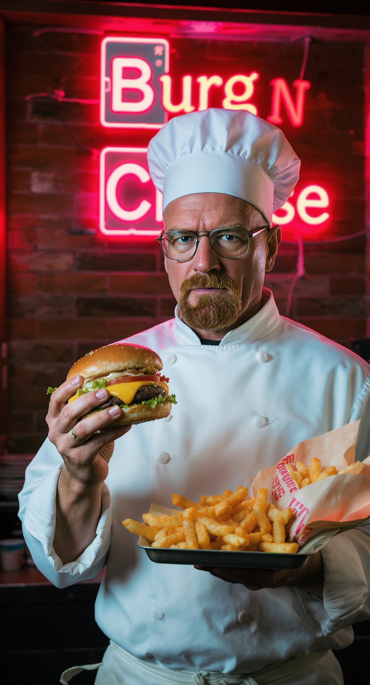 AI generated: (Photorealistic) Walter White from Breaking Bad,with the text "Burg N Cheese" in the same style as t...