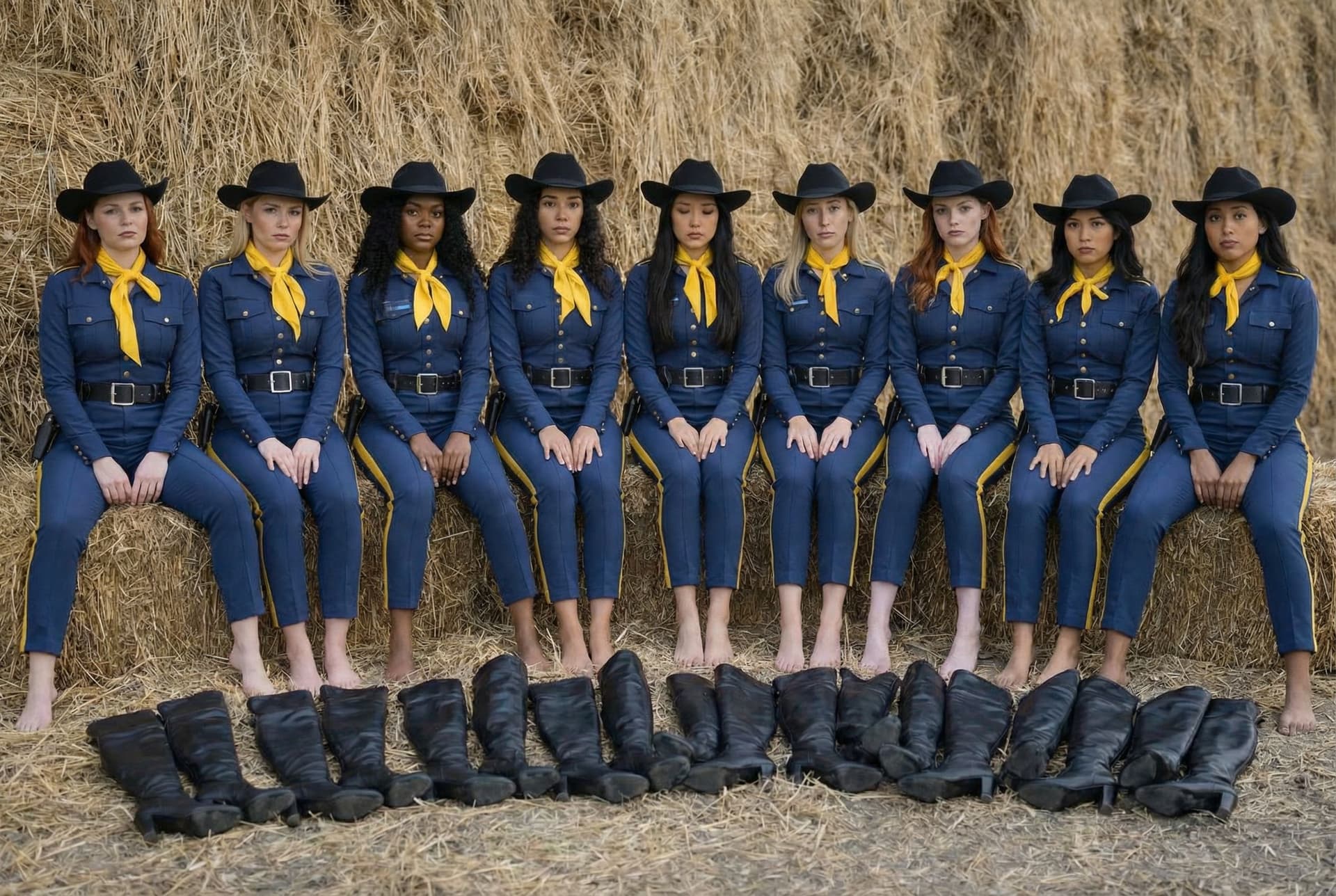 AI generated: All nine women sit next to each other, legs wide apart, with 9 pairs of over the knee boots in front...